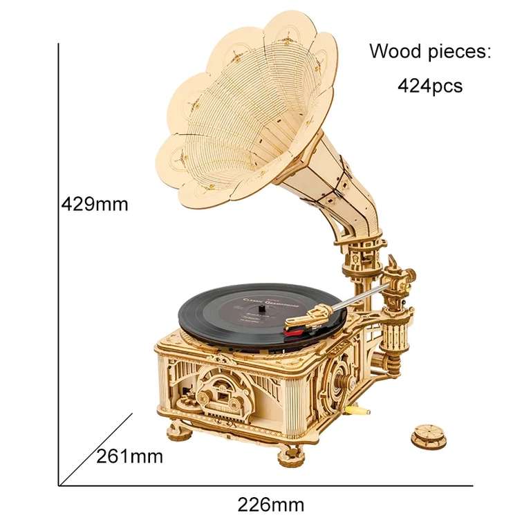 Puzzle 3D en bois ROKR (LKB01) - Gramophone, 424 pièces, disque avec 3 musiques inclus (Entrepôt Belgique)