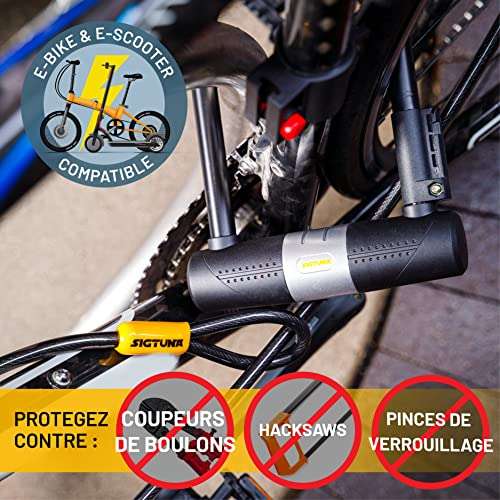 Antivol Velo SIGTUNA 1,2m Câble, 16 mm Robuste Antivol de Vélo et Support,  3 Clés de Haute Sécurité (Via coupon - Vendeur tiers) –