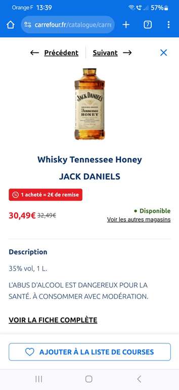 Bouteille de Whisky Tennessee Jack Daniels Honey (via 10€ en bon d'achat)