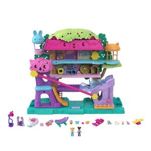 Coffret La maison dans les arbres Polly Pocket Pollyville, 5 étages, plus de 15 éléments de jeu dont 2 poupées, 1 véhicule et 4 animaux