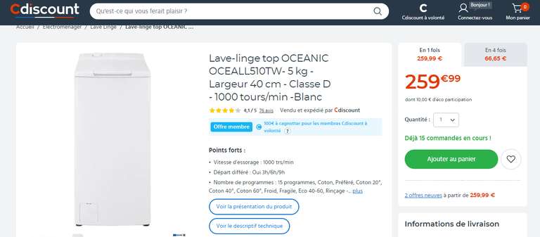 Lave-linge top Oceanic OCEALL510TW - 5 kg (+ 100€ sur la cagnotte CDAV)