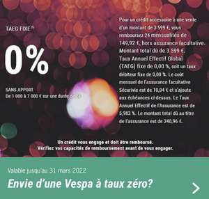 [Sous conditions] Prêt personnel à taux 0% TAEG fixe de 1000 à 7000€ sur 24 mois pour l'achat d'un Vespa (sans apport) - Vespa.com