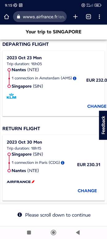 Vols A/R avec escale Nantes NTE <> Singapour (SIN) du 23/10/2023 au 30/10/2023