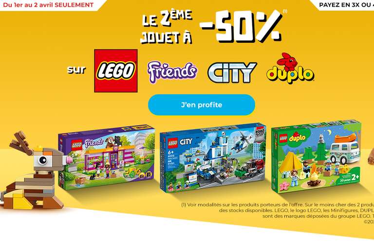 1 Jouet Lego City Friends, City & Duplo acheté = 50% de réduction sur le 2ème (le moins cher)