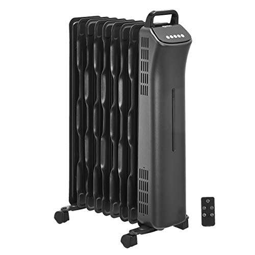 Radiateur chauffant numérique portable à huile Amazon Basics avec 9 ailettes ondulées ECO-Fins et télécommande, 2000 W, Noir