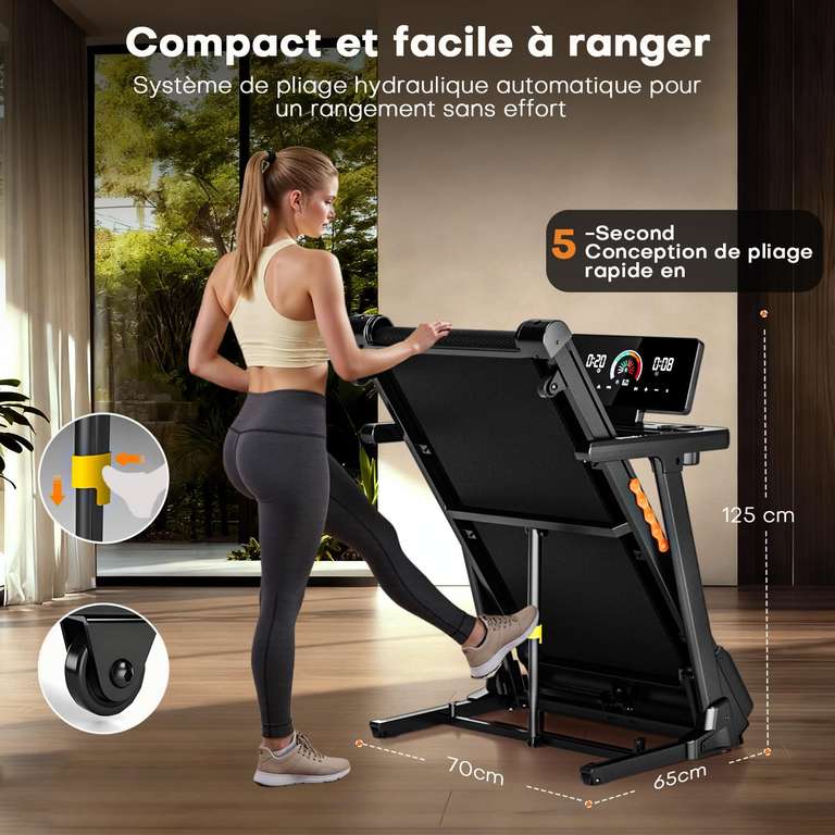 Tapis De Course Pliable CHAOKE – Moteur 3 CV, Vitesse 16 Km/h, Inclinaison 15 %, Charge 180 Kg, Bluetooth, Apps