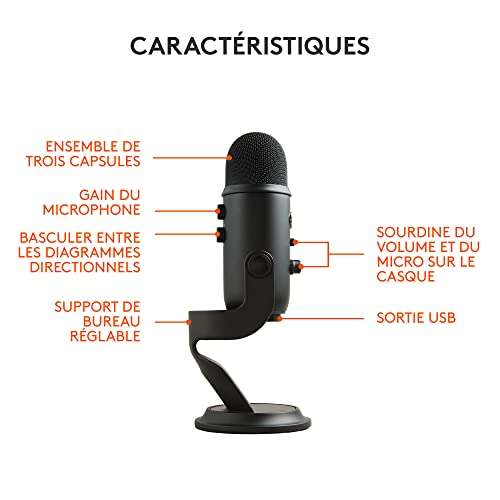 Microphones Blue Yeti, USB, PC & Mac, condensateur, Support ajustable, Plug and Play, Noir