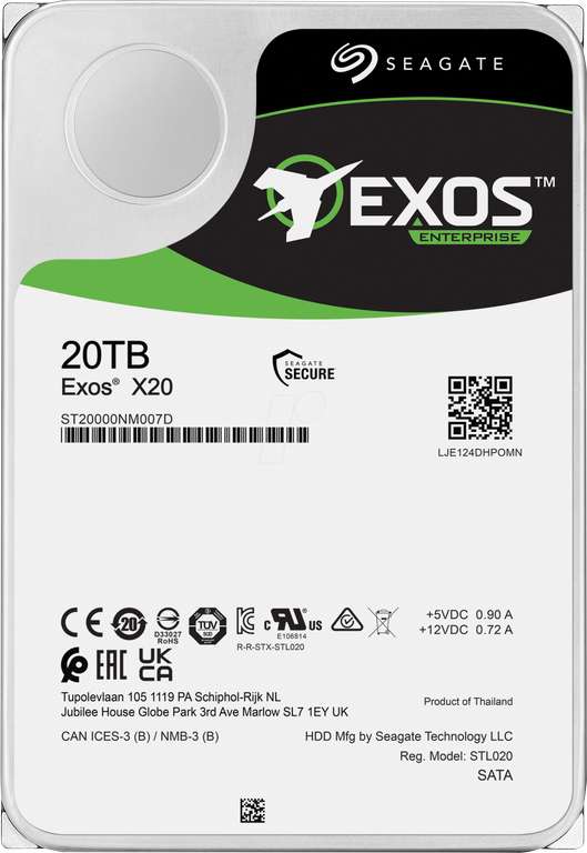 Disque dur interne Seagate Exos X20 - 20 To, 7200 tr/min