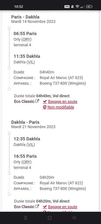 Vol A/R Paris (ORY) <> Dakhla (VIL) du 14/11 au 21/11 via Royal Air Maroc (royalairmaroc.com)