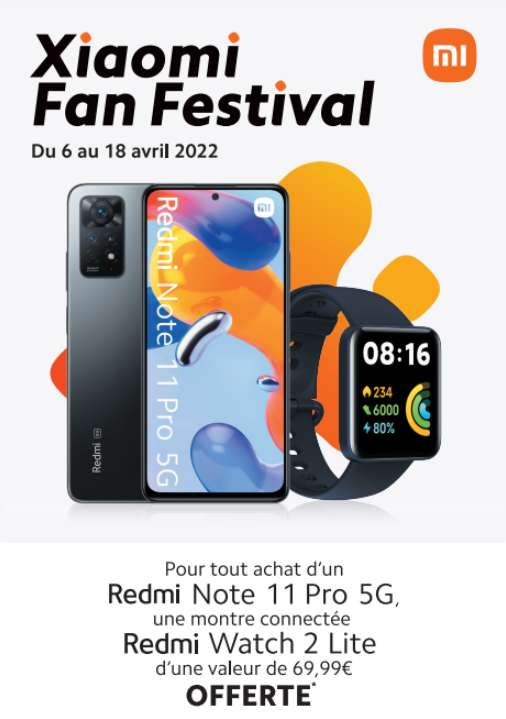 Smartphone 6.67" Xiaomi Redmi Note 11 Pro 5G (6 Go de RAM, 128 Go) + Montre connectée Redmi Watch Lite 2 offerte (Via ODR)