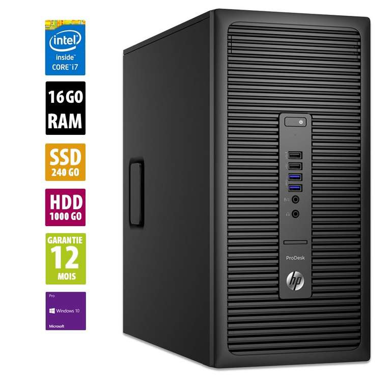 PC de bureau HP ProDesk 600 G2 TWR - i7-6700, RAM 16 Go, HDD 1 To + SSD 240 Go, Windows 10 Pro (Reconditionné Grade B - Garantie de 12 mois)