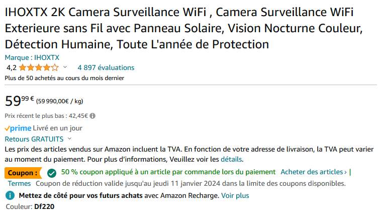 Prime] Caméra de surveillance avec panneau solaire Wi-Fi IHOXTX 2K DF220 - Vision  Nocturne, Détection Humaine (via Coupon - Vendeur Tiers) –