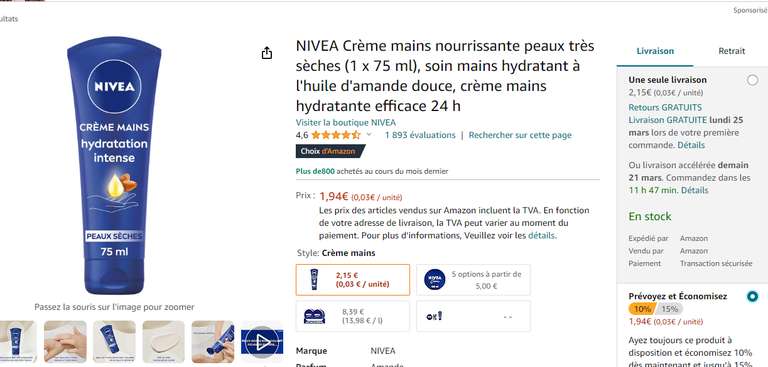 Crème mains nourrissante peaux très sèches NIVEA 1 x 75 ml (via Prévoyez et Économisez)