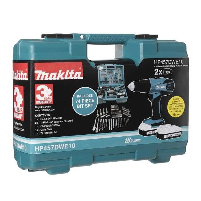 Perceuse visseuse à percussion Makita HP457DWE10 - 18V + kit accessoires + 2 batteries (Vendeur Tiers)