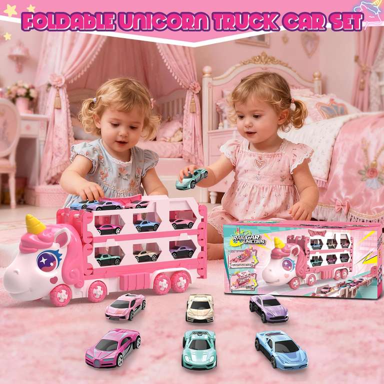 Jouet Camion Transporteur Rose Avec 6 Mini-Voitures Et Piste De Course - Cadeau Idéal Pour Filles 2 à 6 Ans Camion Piste Course Fille