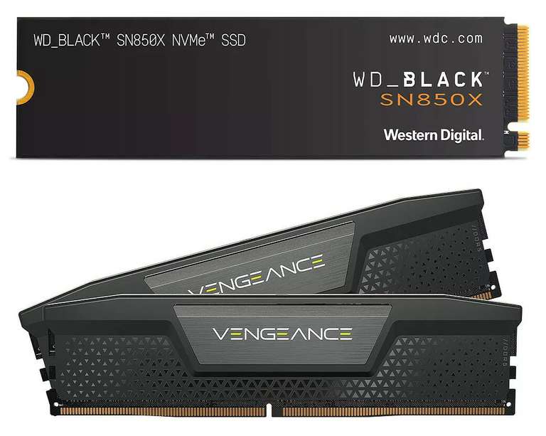 SSD interne M.2 NVMe 4.0 Western Digital WD SN850X (1 To, TLC 3D, DRAM, 7300-6300 Mo/s) + DDR5 Corsair Vengeance 32 Go (2 x 16 Go, 5200 MHz)