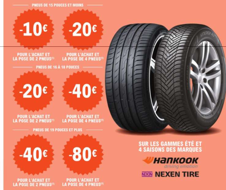 Jusqu'à 80€ de remise immédiate sur les pneus Hankook et Nexen
