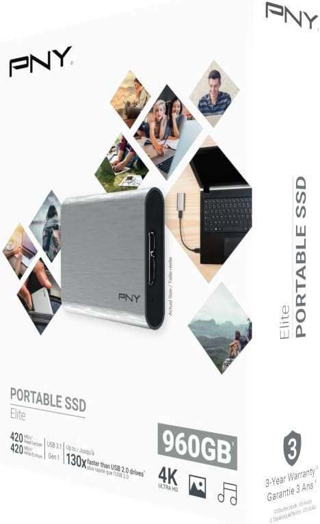 SSD externe Elite PNY - USB 3.1, 960 Go, 420Mo/s, Gris (Via 24€ sur le compte de fidélité)