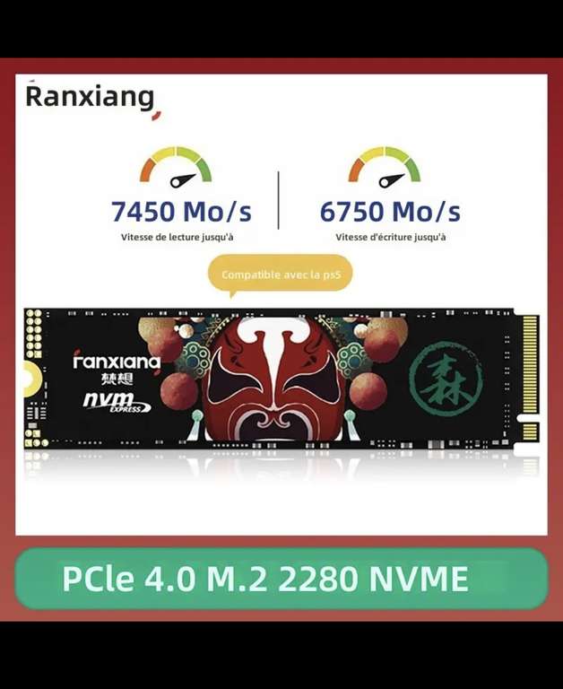 SSD NVMe M.2 Fanciang S790 - 1To avec dissipateur (compatible PS5), Jusqu'à 7450-6750Mo/sec