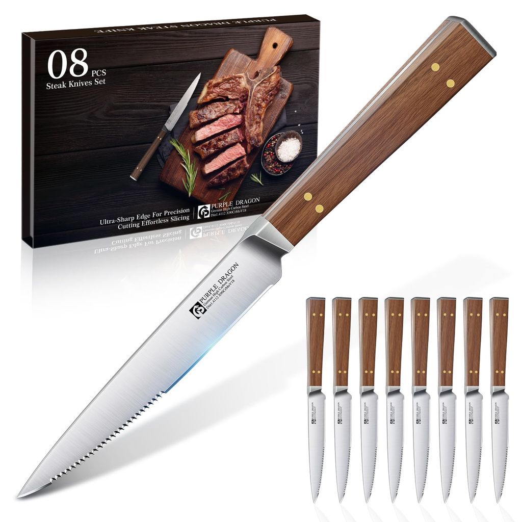 Set de 8 couteaux à Steak Purple Dragon - lame ondulée inox, manche en bois (Vendeur Tiers)
