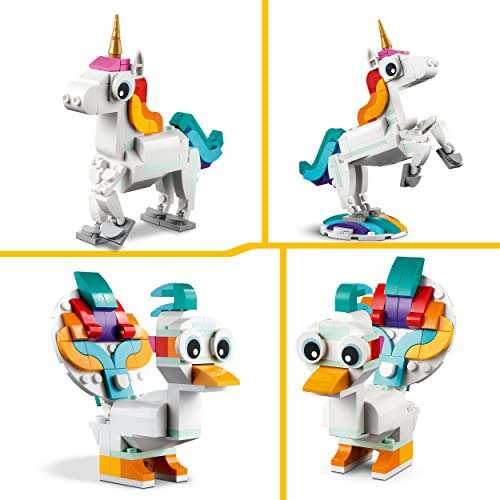 LEGO 31140 Creator 3-en-1 La Licorne Magique, Jouet Transformable, Hippocampe en Paon en Arc-en-Ciel avec Licorne