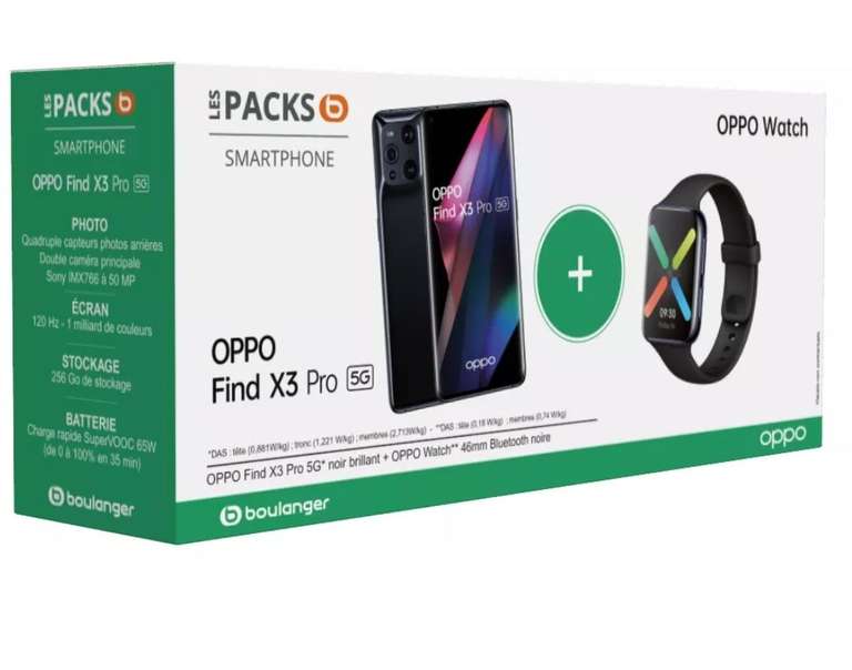 Smartphone Oppo Pack Find X3 Pro Noir 5G (256 Go) + Montre Oppo Watch 46mm