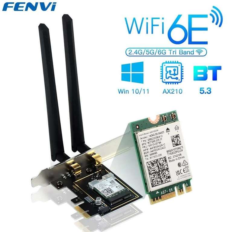 Carte WiFi 6E PCIe Fenvi Intel PCE-AX210 - 5374 Mbps, Tri-band 2.4/5/6 Ghz, Bluetooth 5.3