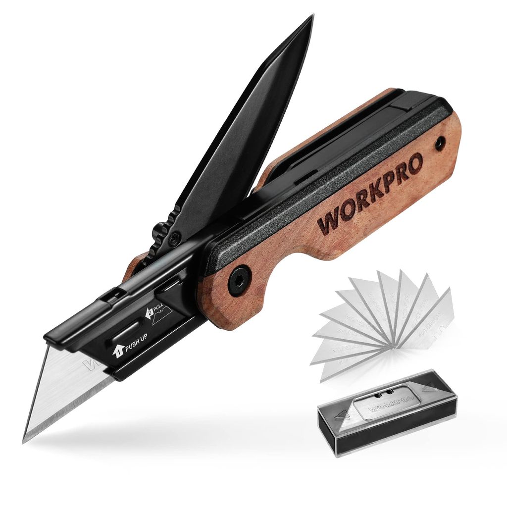 Couteau Utilitaire Pliant WorkPro - Cutter de Poche, en Aluminium, 2 en 1, avec Manche en Bois & 10 Lames SK5
