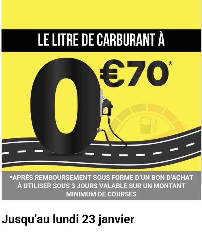 Carburant à 0.70€/Litre (via remboursement de la différence en BA, valable à partir de 100€ d'achat en magasin) - Magasins participants