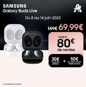 Écouteurs sans-fil Samsung Galaxy Buds Live avec étui de recharge - Bluetooth, Noir ou blanc (Via 50€ sur Carte Fidélité + ODR 30€)
