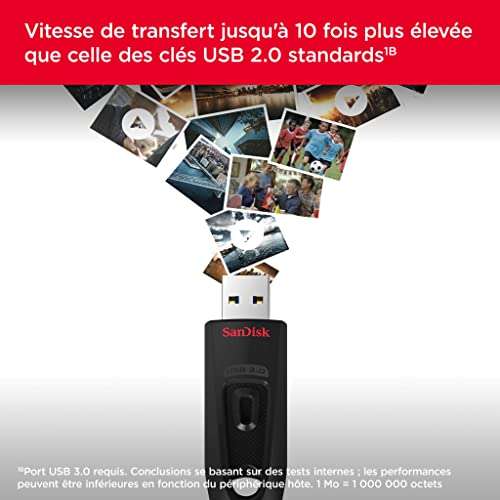Clé USB SanDisk Ultra USB Flash Drive 64 Go - USB 3.0 Up to 130 MB/s Read, Noir