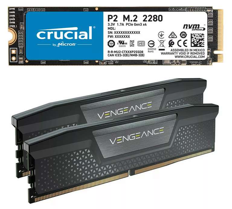 SSD interne M.2 NVMe Crucial P2 (2 To) + Kit Mémoire RAM DDR5 Corsair Vengeance 32 Go (2 x 16 Go, 5200 MHz, CAS 40)