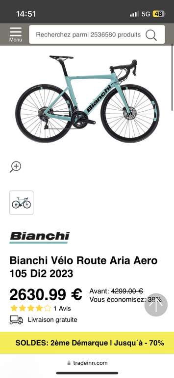 Vélo Route Bianchi Aria Aero 105 Di2 2023 - Taille 57