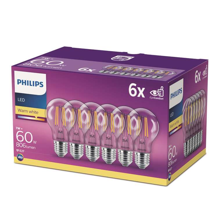 Lot de 6 Ampoules LED Philips Standard E27 7W 806 Lumens - Transparent, Verre