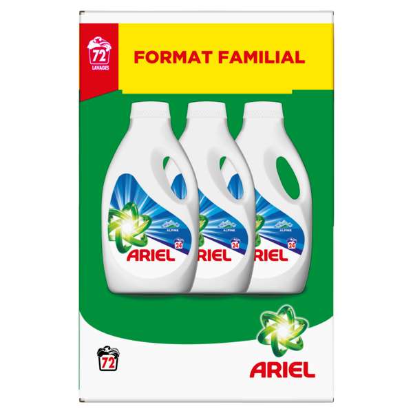 Lot de 3 bidons de lessive Ariel - 3 x 24 lavages, format familial (via 22,80€ sur la carte de fidélité)