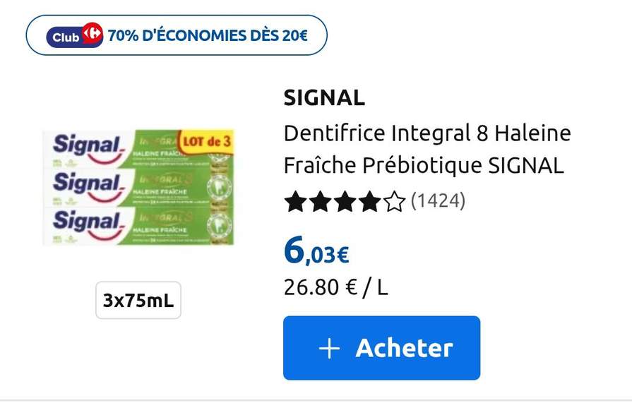 Lot De 3 Dentifrices Signal Bio Blancheur Naturelle - 75 Ml - Menthe Fraîche - Fabriqué En France
