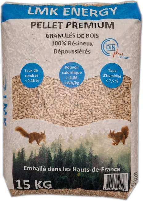 Sac de 15 Kg de granulés de bois (Pellets) LMK Energies 100% Résineux - Tourcoing (59)