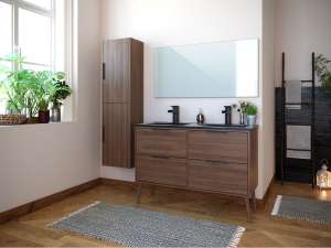 Ensemble salle de bains : meuble + vasque + colonne + miroir Nabir - couleur noyer