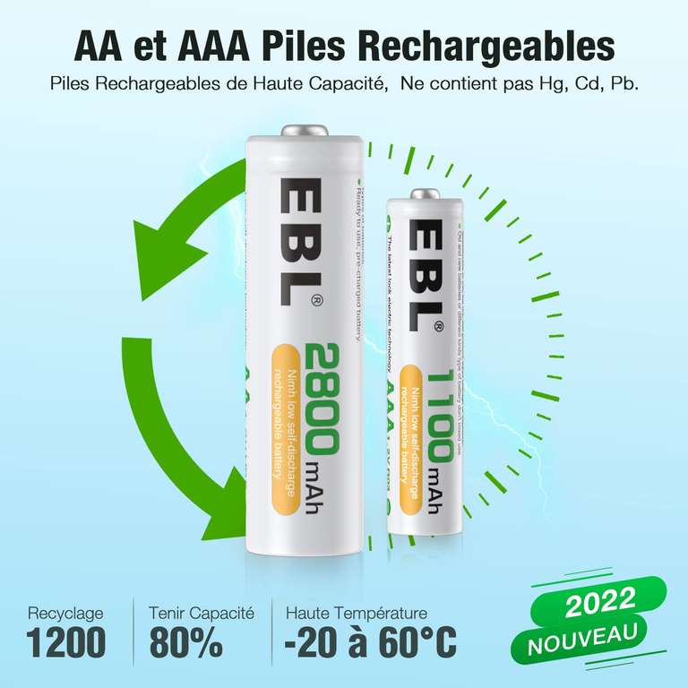 EBL A Amélioré le Chargeur 8 Baies AA / AAA avec 4 Piles Rechargeables AA  2800mAh et 4 Piles Rechargeables AAA 1100mAh 