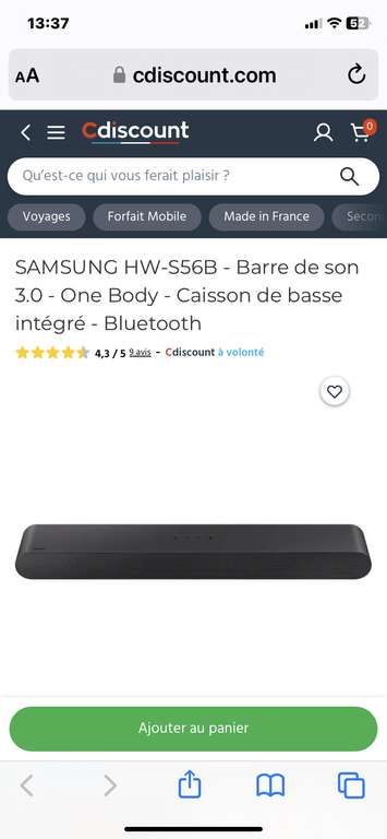 Barre de son Samsung HW-S56B - 3.0, Caisson de basse intégré, Bluetooth