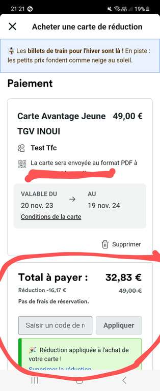 Carte Avantage SNCF (Jeune, Adulte ou Senior) à 32,83€