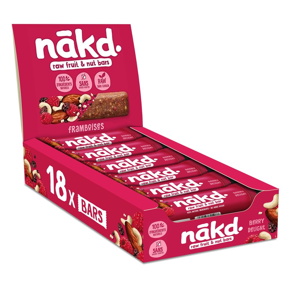 [Prime] Barres de Fruits et Noix Nākd. Framboises - 100% D'ingrédients Naturels, Sans Sucre Ajoutés, Vegan, 18 x 35g, 630g (via abonnement)