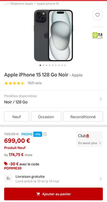 Smartphone Apple iPhone 15 - 128 Go, Noir