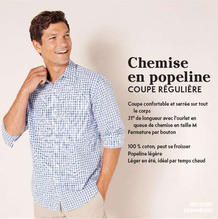 Chemise en Popeline à Manches Longues Amazon Essentials, Style Décontracté, Coupe Standard, gris motif vichy - Taille XXL