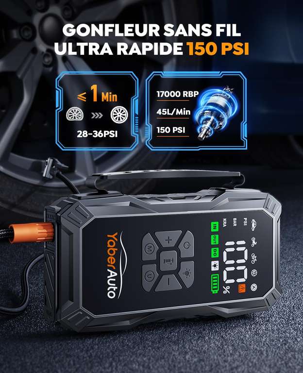 Booster Batterie Voiture 6000A Avec Compresseur Air 150 PSI – Jump Starter 12V, 23800 MAh, Lampe LED 500 Lumens, Pour Véhicules Essence/Diesel Jusqu’à 10L - 8