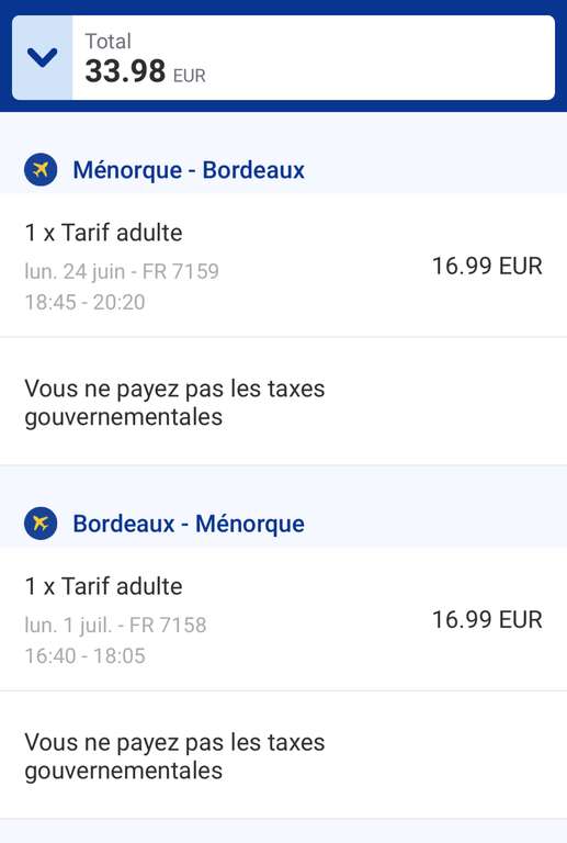 Vol A/R Bordeaux (BOD) <-> Minorque (Baléares) - Du 24 Juin au 1 Juillet (Bagage à main)