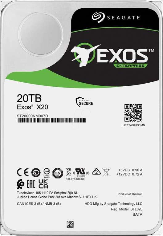 Disque dur interne Seagate Exos X20 - 20 To, 7200 tr/min (ST20000NM007D)