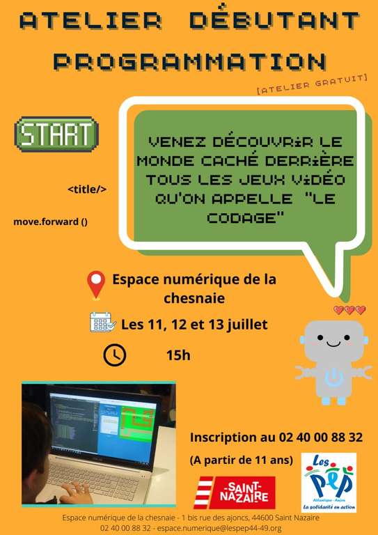 Atelier découverte gratuit de 3 jours de programmation informatique pour débutant à partir de 11 ans (St Nazaire - 44)