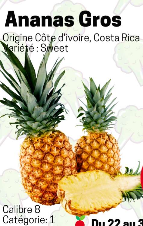 Ananas Gros Sweet - Catégorie 1, Calibre 8, Origine Côte d'Ivoire ou Costa-Rica