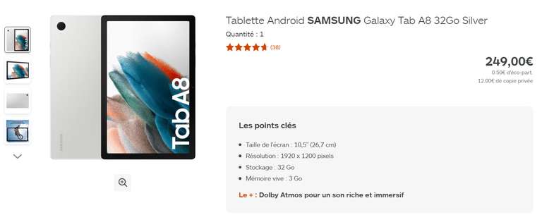 Tablette 10.5'' Samsung Galaxy Tab A8 32 Go offerte pour l'achat d'une Galaxy Tab S8, S8+ ou S8 Ultra